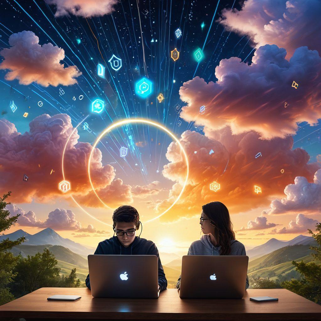A serene and inviting digital landscape showcasing a person joyfully browsing on a laptop surrounded by a glowing shield symbolizing digital privacy. Soft, ethereal light envelops the scene with icons representing secure browsing like locks and keys floating around. The background features abstract representations of the internet, such as binary code and clouds, adding a sense of depth and security. Emphasize a feeling of confidence and tranquility in the atmosphere. vibrant colors. super-realistic.
