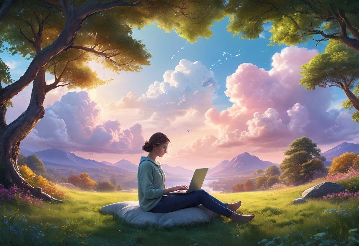 A serene digital landscape showcasing a person calmly browsing on a laptop, surrounded by protective shields representing online security, with soft glowing locks and keys symbolizing identity protection. Incorporate a peaceful atmosphere with gentle colors to evoke a sense of contentment, and add elements of nature like trees and clouds merging with technology. super-realistic. vibrant colors. tranquil setting.