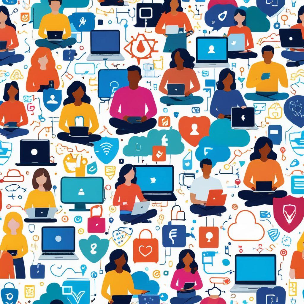 A vibrant digital landscape with interconnected people smiling and sharing digital content, surrounded by colorful locks and shields symbolizing online privacy. Incorporate elements like laptops, smartphones, and cloud symbols to represent technology. Ensure a warm, inviting atmosphere with bright colors to evoke positivity and connection. super-realistic. vibrant colors. white background.